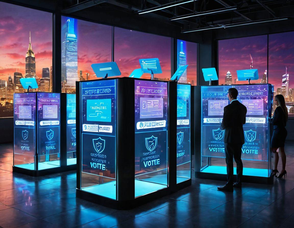 A futuristic digital voting booth with holographic interfaces, vibrant screens displaying secure voting options, surrounded by diverse citizens enthusiastically casting their votes. Incorporate visual elements representing cybersecurity, like a digital lock and firewall graphics, alongside symbols of democracy like a ballot box and the scales of justice. The background features a modern cityscape at dusk, symbolizing progress and innovation in democracy. super-realistic. vibrant colors. 3D.