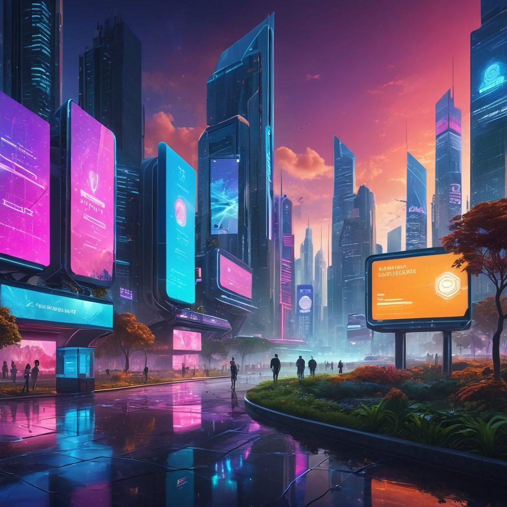 A futuristic city skyline with digital billboards displaying e-voting systems and diverse citizens casting votes through their devices. Include elements like holographic interfaces, automated drones, and transparent ballot boxes in a lush urban park setting, symbolizing accessibility and technology's role in democracy. The scene should be bright and optimistic, highlighting innovation and participation. vibrant colors. cyberpunk style. super-realistic.