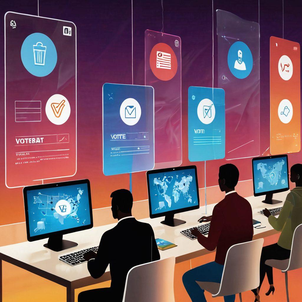 A digital illustration of a diverse group of citizens casting votes from home using laptops and tablets, with transparent overlay graphics showing data transparency and security symbols. The background features a stylized virtual voting booth and a globe symbolizing global participation. Include warm colors to emphasize community and trust. vibrant colors. digital art.